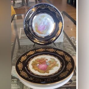 Limoges Castel Black / Gold Plate Courting Couple 22 Karate Gold Trim‎ Set